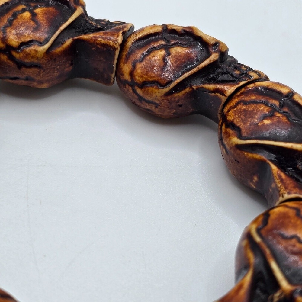 Skull Bead Bracelet Brown Resin Carved Stretch Goth Punk Biker Halloween‎ - Picture 4 of 8